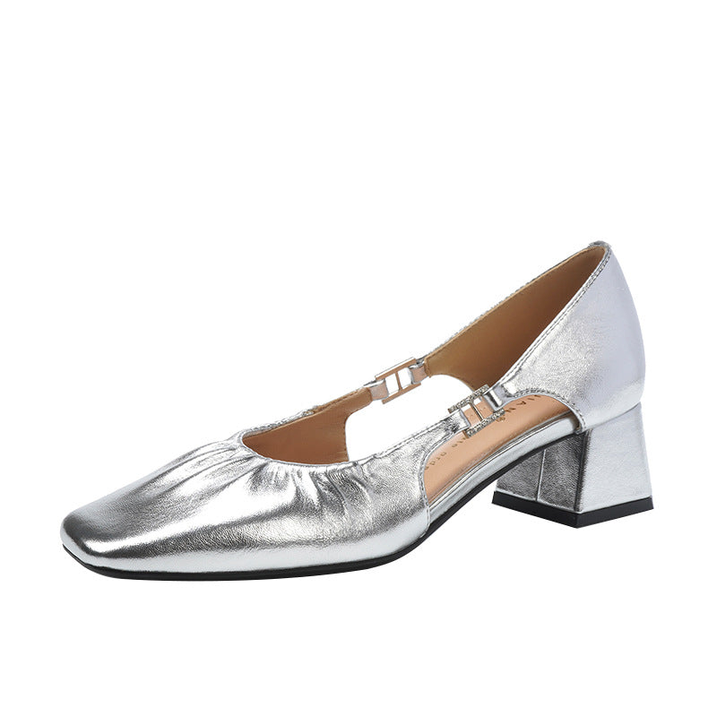 Entry Lux Elegant Pleated Chunky Mary Jane Female Square Toe Women's Fashion Shoes
