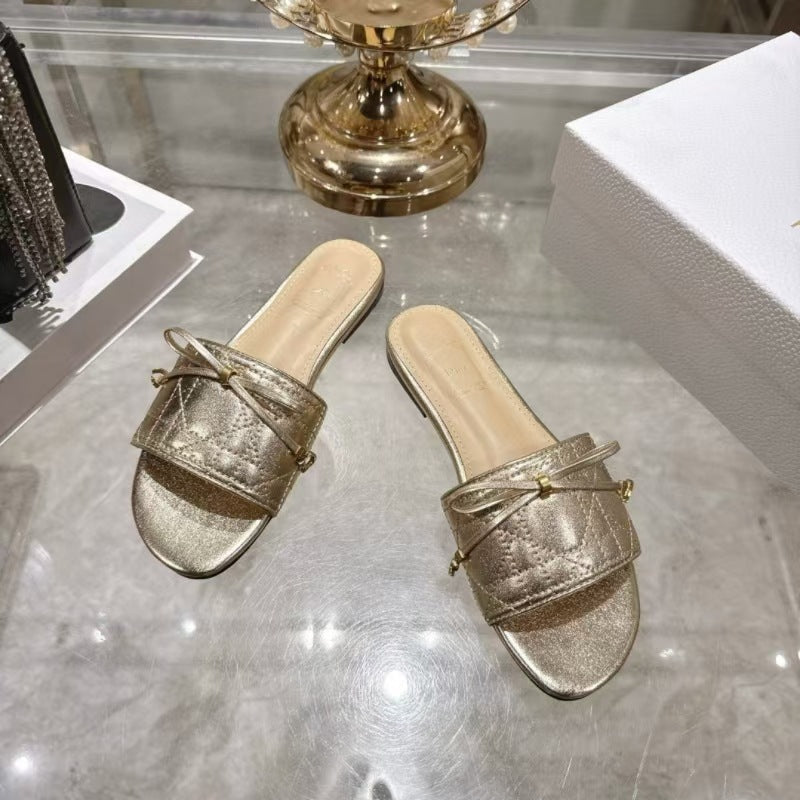 Quality Summer Electric Embroidery Rattan Plaid Bow Open Toe Flat Slippers