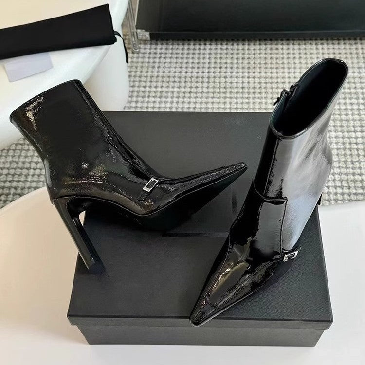 Women's Pointed Ankle Veet Padded Black Chunky Fashion Women's Leather Boots