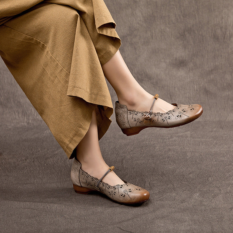 Women's Genuine First Layer Cowhide Low Round Toe Vintage Mouth Pumps Women's Casual Shoes