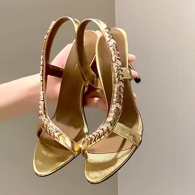 Women's Spring Super Metal Rhinestone Strap Side Empty Open Toe Men's Shoes