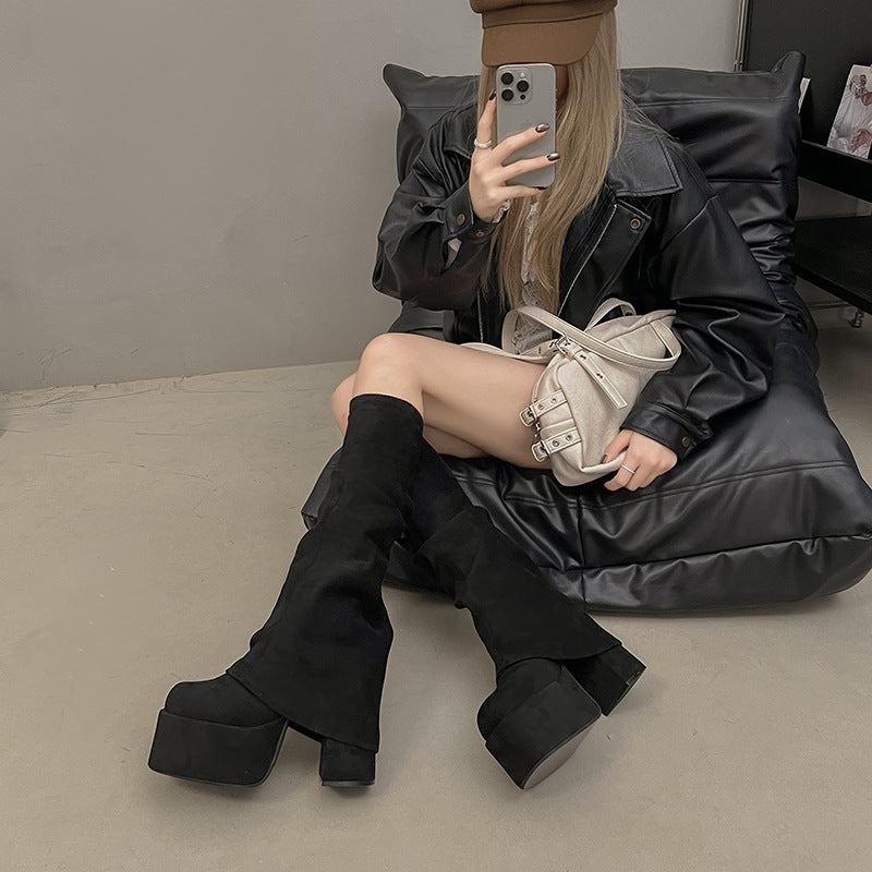 Women's Thick-soled High-heeled Hot Pantyhose Round Toe High Leg Slimming Stretch Women's Leather Boots
