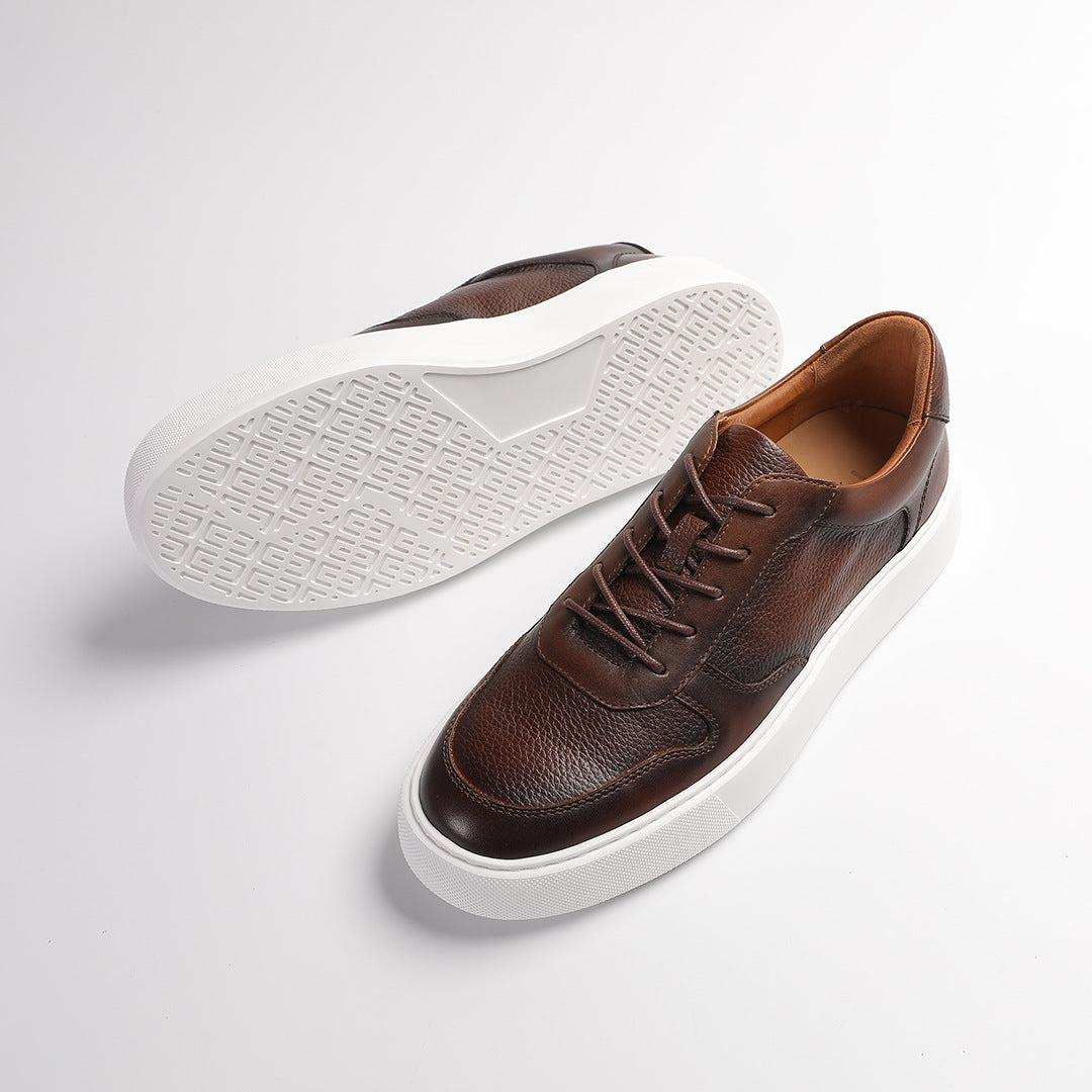 Men's Cowhide Lychee Pattern Plain Thick Bottom Retro Rub Colored Breathable Sneakers