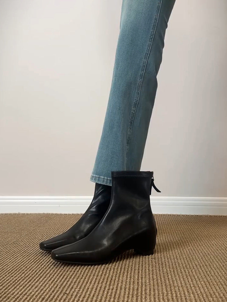 Women's Increasing Insole Stretch Thin Back Zipper British Style Square Boots
