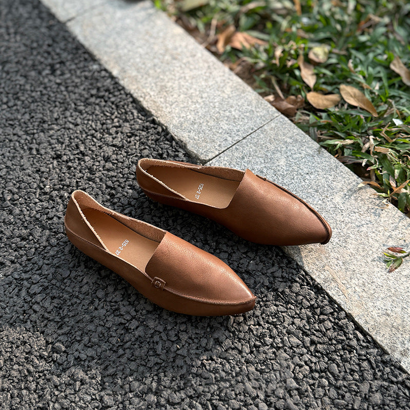 Women's Color First Layer Cowhide Pointed Toe Mid Mouth Low Top Women's Fashion Shoes
