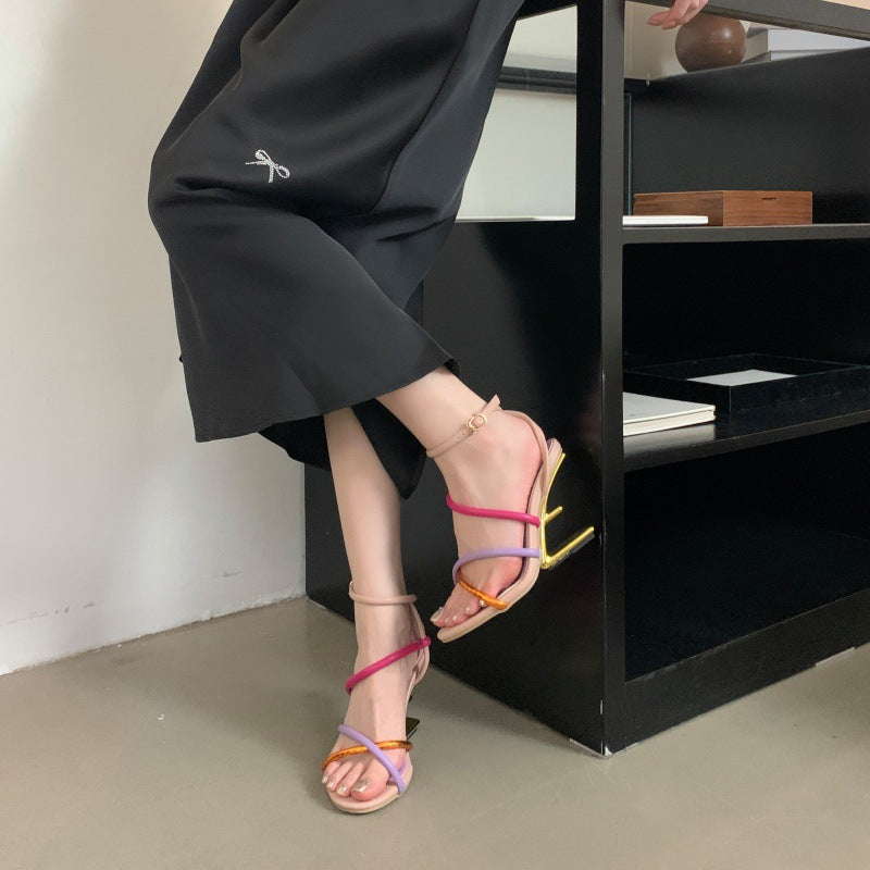 Women's Abnormal Shape Color Cross Strap Matching High Heeled Sandals