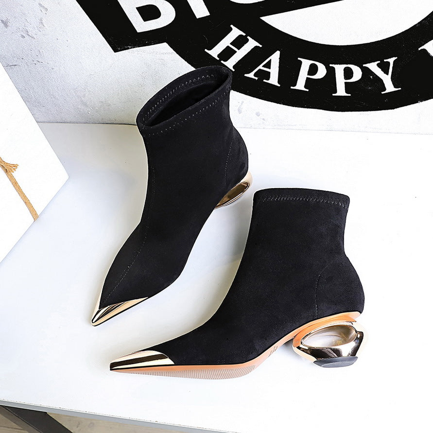 Light Luxury Banquet Female Mid Metal Pointed Women's Leather Boots