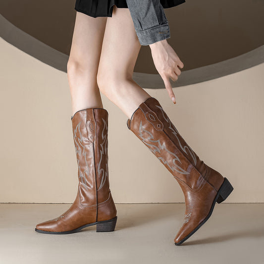 Women's He Sui West Cowboy Fat Thick Leg V Cut Boots
