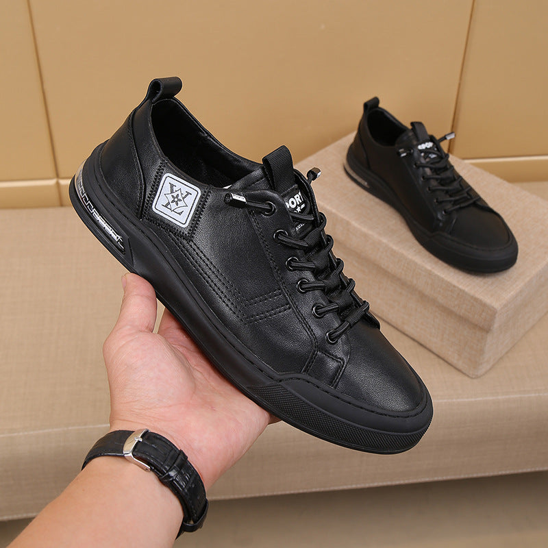 Men's Layer Cowhide Flat Fashion Trendy Black Sneakers