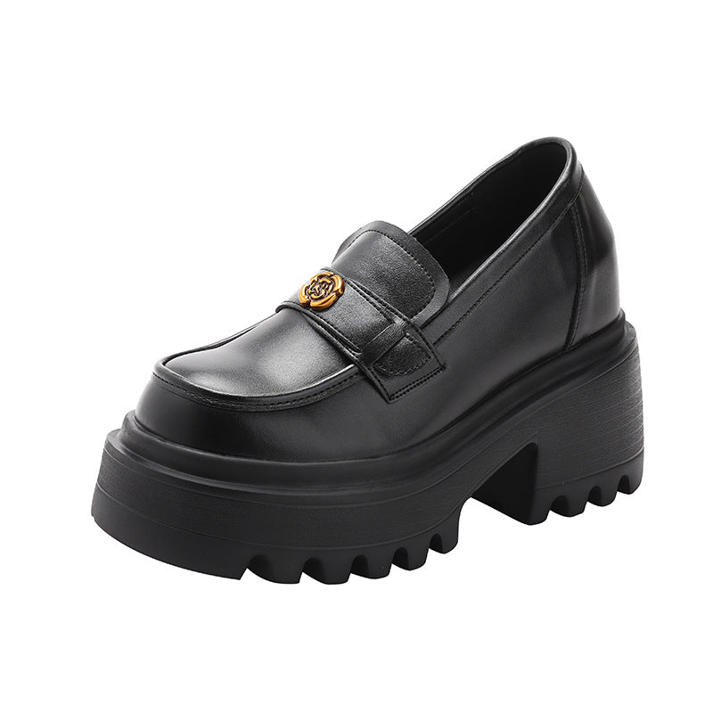 Version Height Increasing Insole Small British Style Slip-on Platform Camellia Leather Shoes