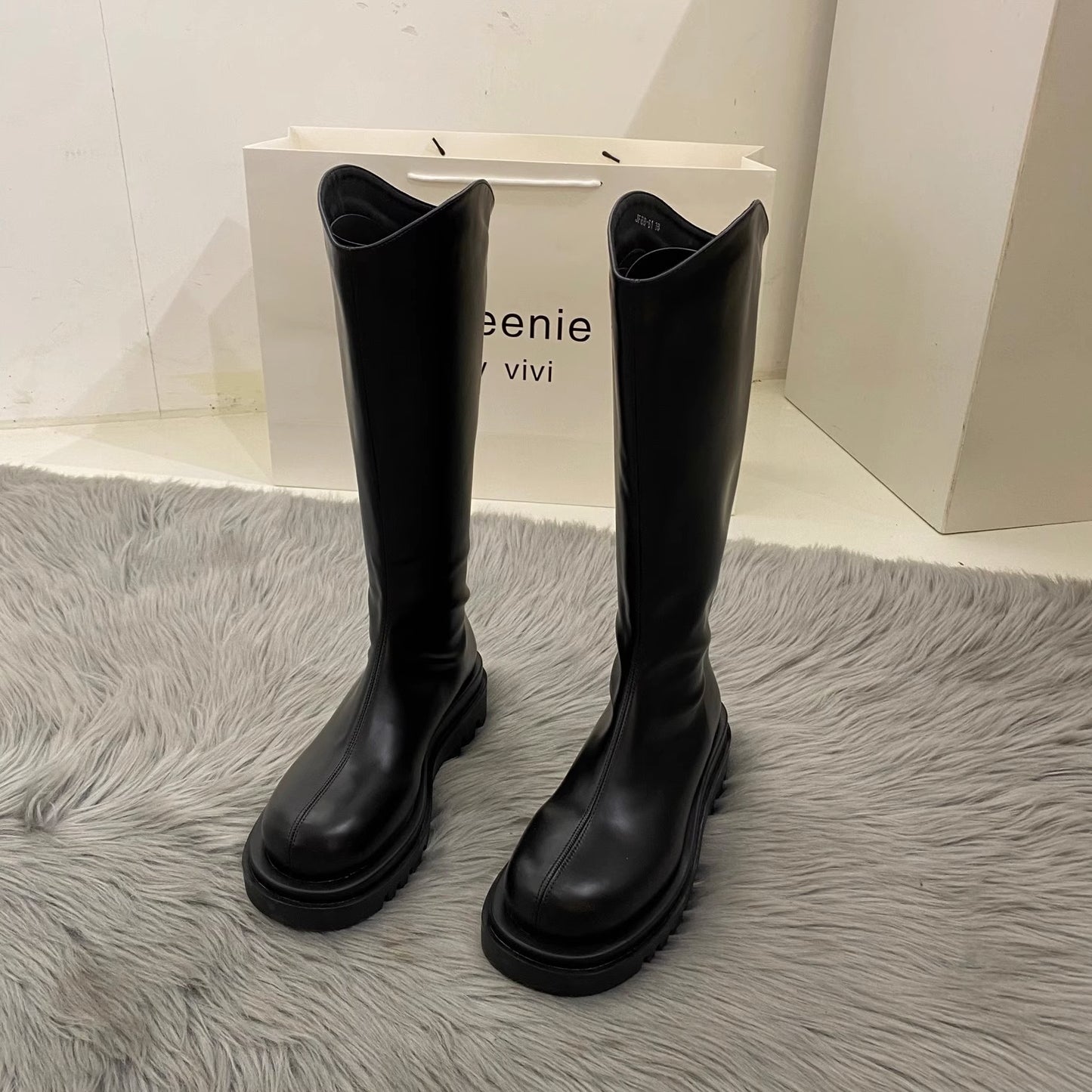 Women's Thin Chunky Square Toe Middle High Tube Boots