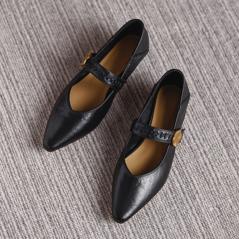 Women's Spring Pointed Toe Western Style Cowhide French Low Velcro Shallow Women's Casual Shoes