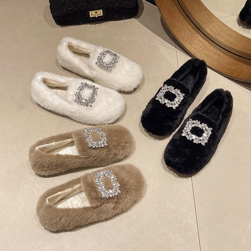 Women's Rhinestone Round Head Plus Veet Doug Single-layer Stylish Fur Casual Shoes