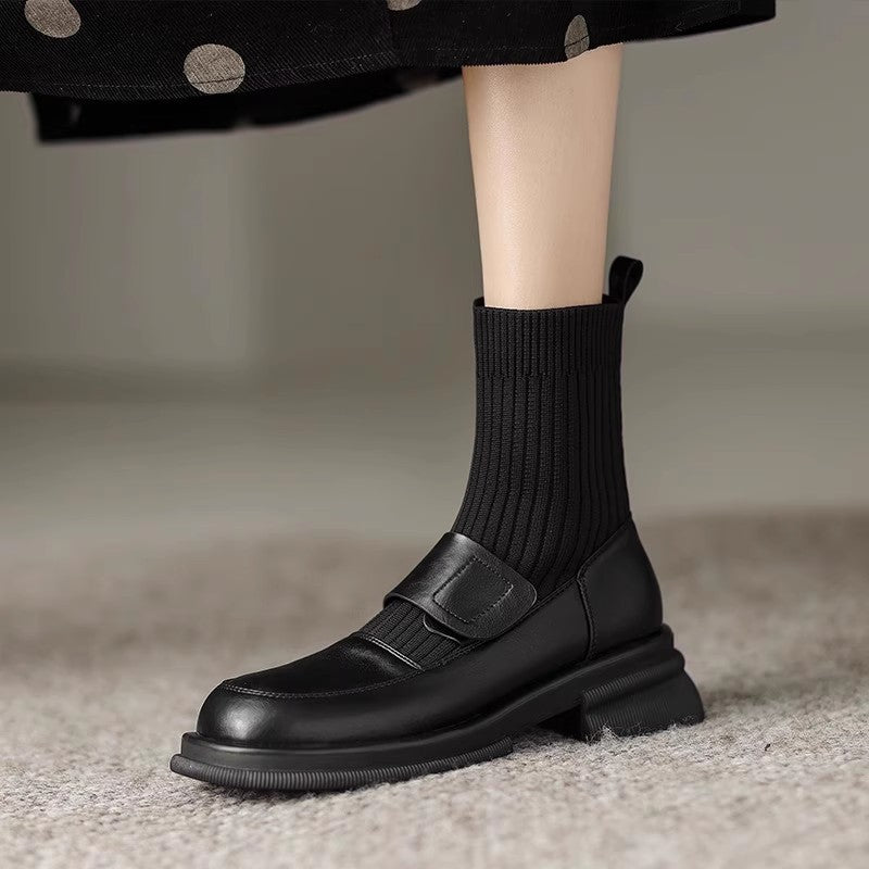 Women's One Genuine Retro Round Head Ankle Knitted Sock Chunky Women's Leather Boots