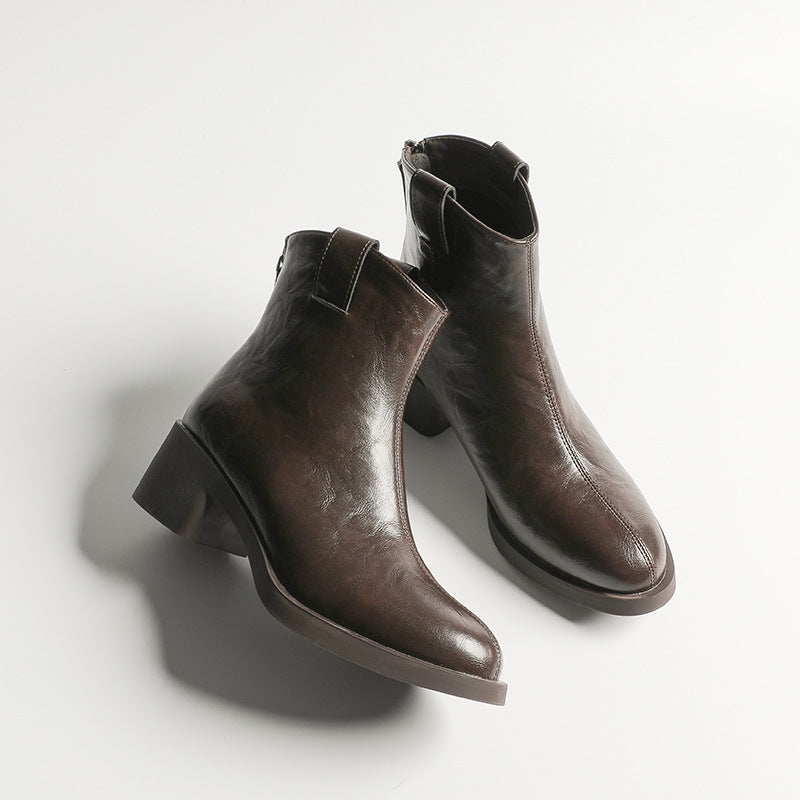 Women's Soft Bottom Chunky Short Commuter Thin Women's Leather Boots