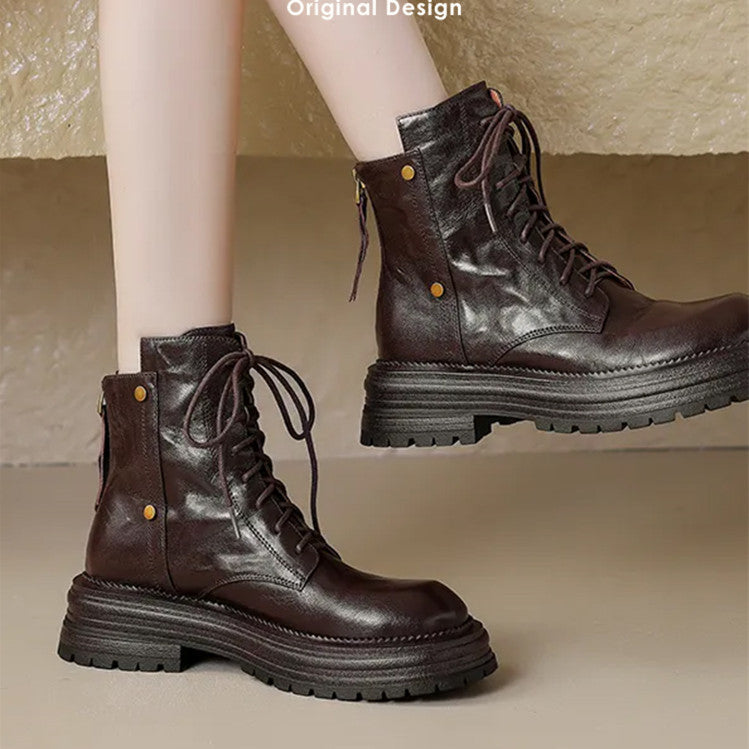 Women's To Wear Sheepskin Thick Bottom British Style Martin For Brown Women's Leather Boots