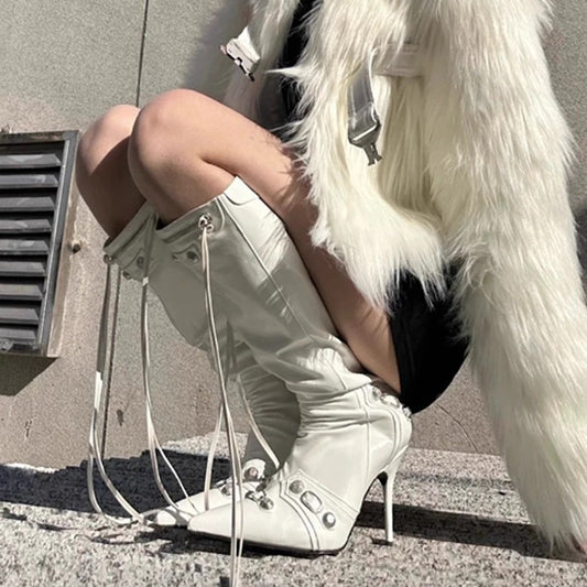 Tassel With Fashionable Female Metal Rivet Hot Motorcycle Women's Leather Boots