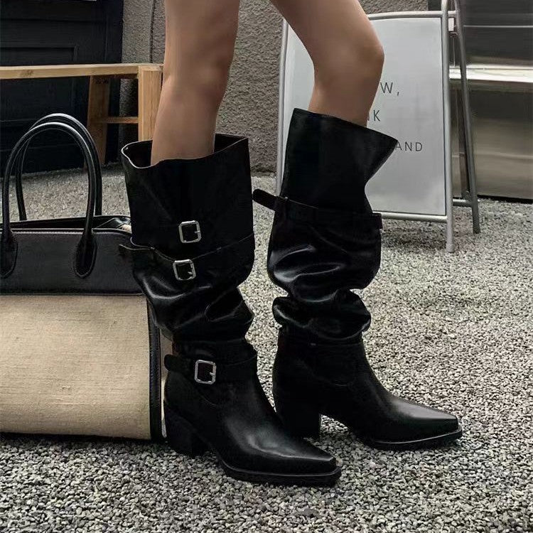 Style Thick Pointed Belt Buckle Tall Knight Hot Women's Leather Boots