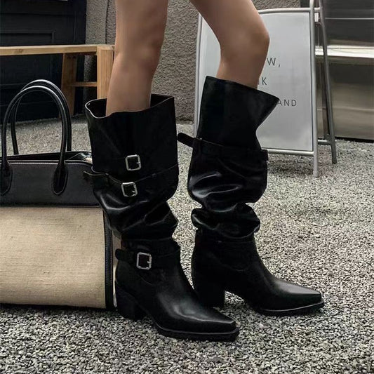 Style Thick Pointed Belt Buckle Tall Knight Hot Women's Leather Boots