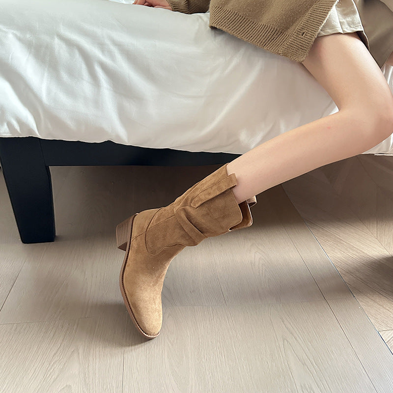 Women's Retro Fashion Cowboy Pointed Toe Chunky Pleated Pile Style Short Women's Leather Boots