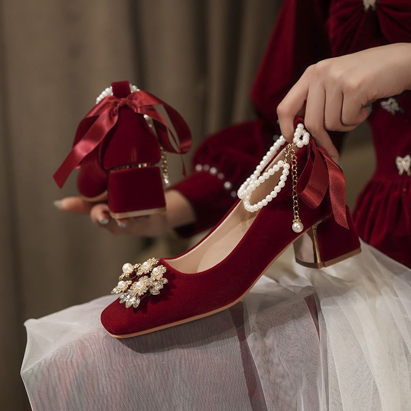Women's Toe Rhinestone Buckle Pearl Chain Red Suede Wedding For Chunky Women's Casual Shoes