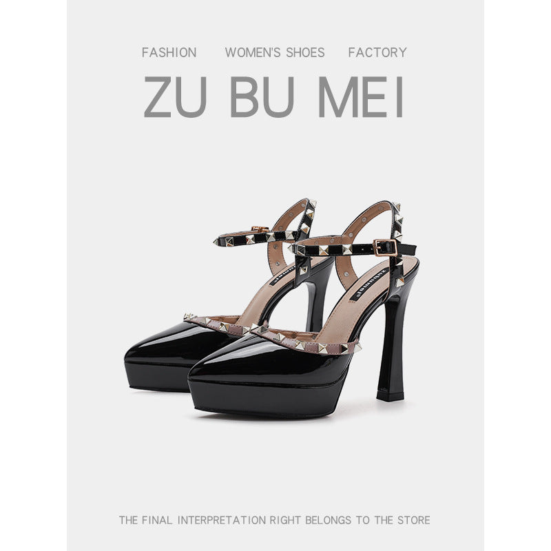 Women's Not Tired Feet Pumps Pointed Toe Stiletto Rivet Cap Back High Heeled Sandals