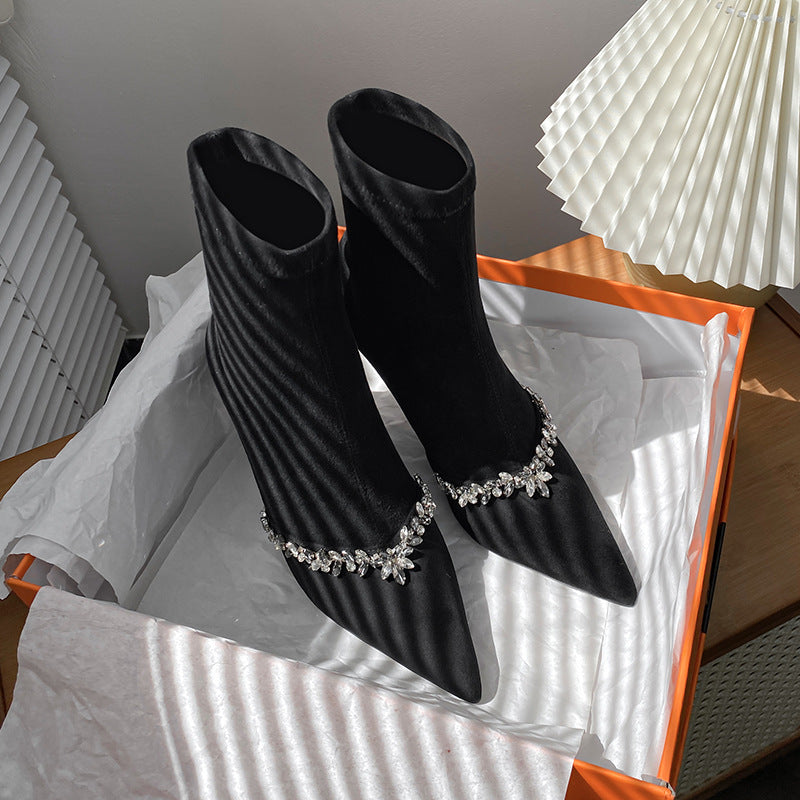Women's Suede High French Style Rhinestone Pointed Boots