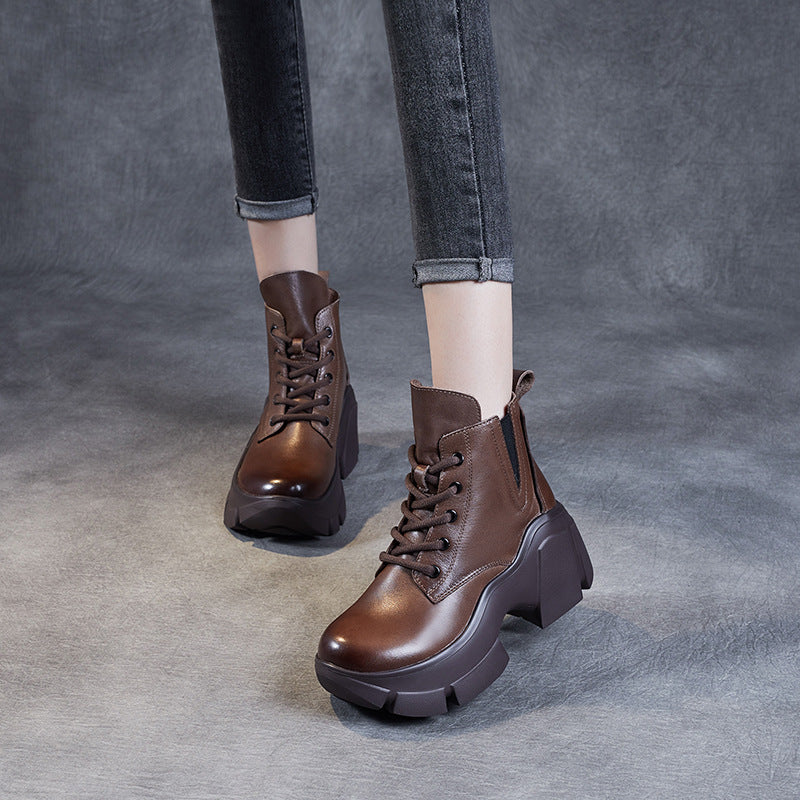 Women's Genuine Platform Retro Middle High Solid Boots