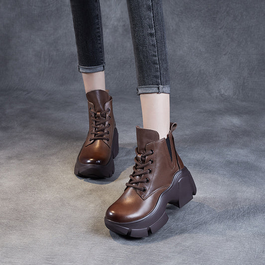 Women's Genuine Platform Retro Middle High Solid Boots