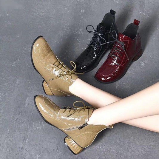 Women's Short Round Head Patent Plaid Thick Low Single-layer Boots