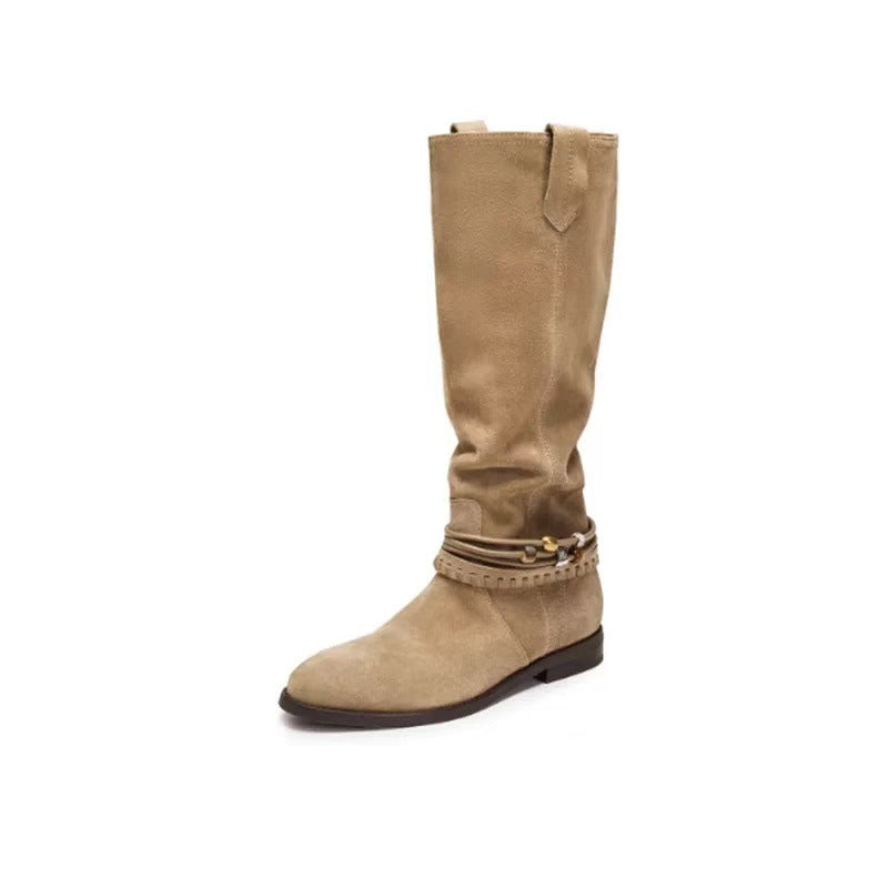 Women's Pastoral Retro Western Cowboy Elegant High-grade Pile Women's Leather Boots