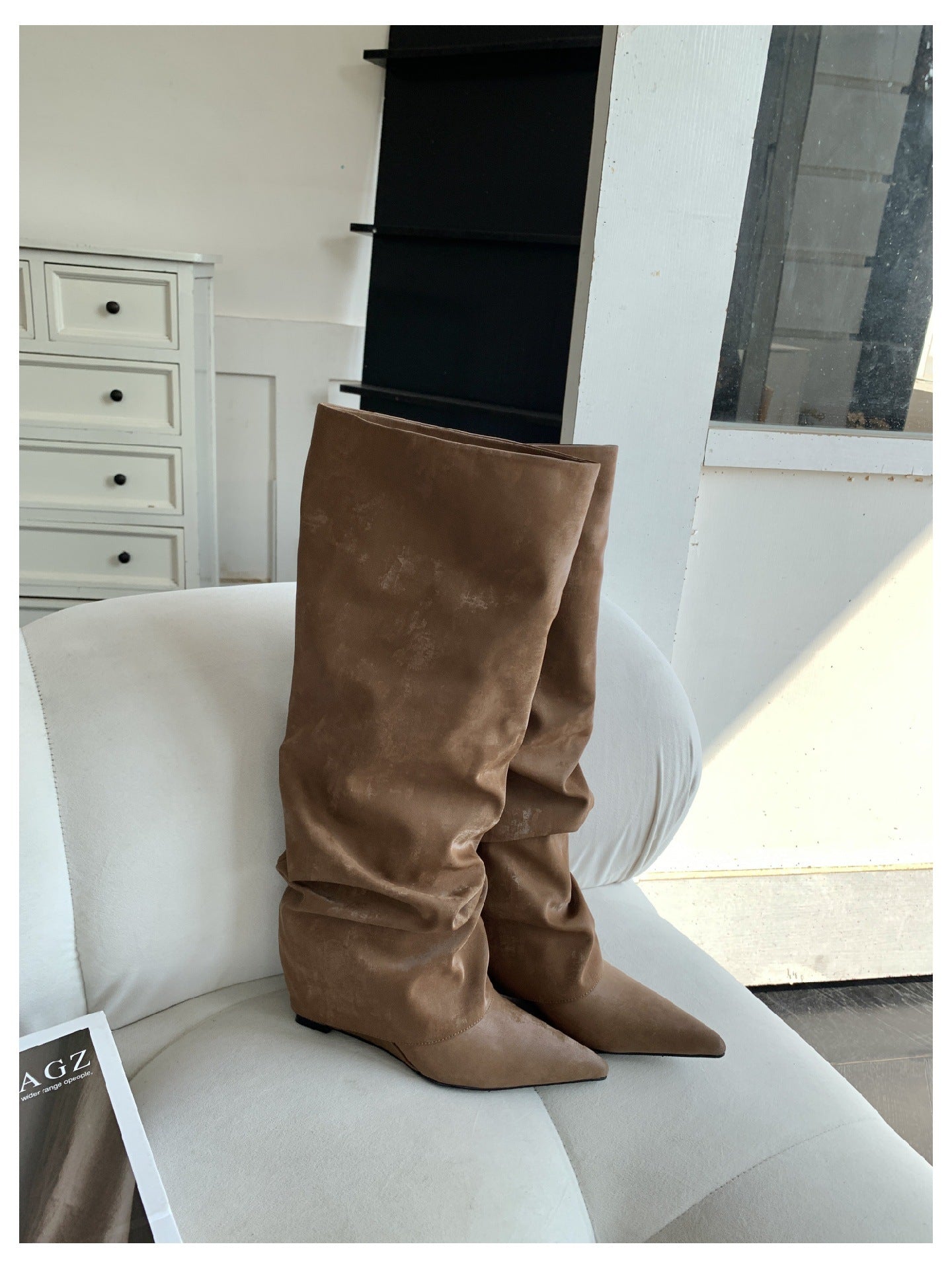 Women's Pleated Pile Style High Tube Slimming Below Women's Leather Boots