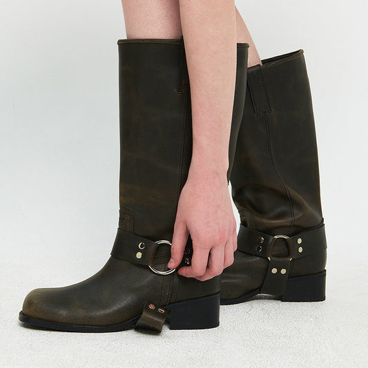 Women's Square Toe Platform Thick Ruins Wind Brushed Western Denim Boots