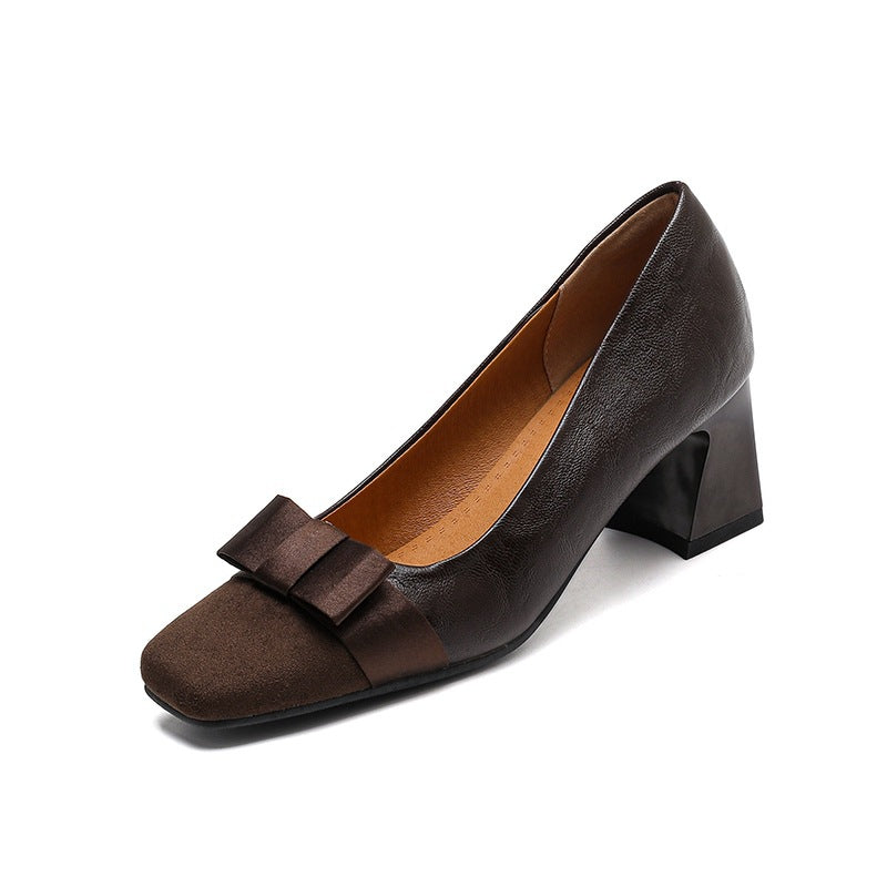 Women's Large Size Retro Square Toe Stitching Chunky Pumps Bow Men's Shoes