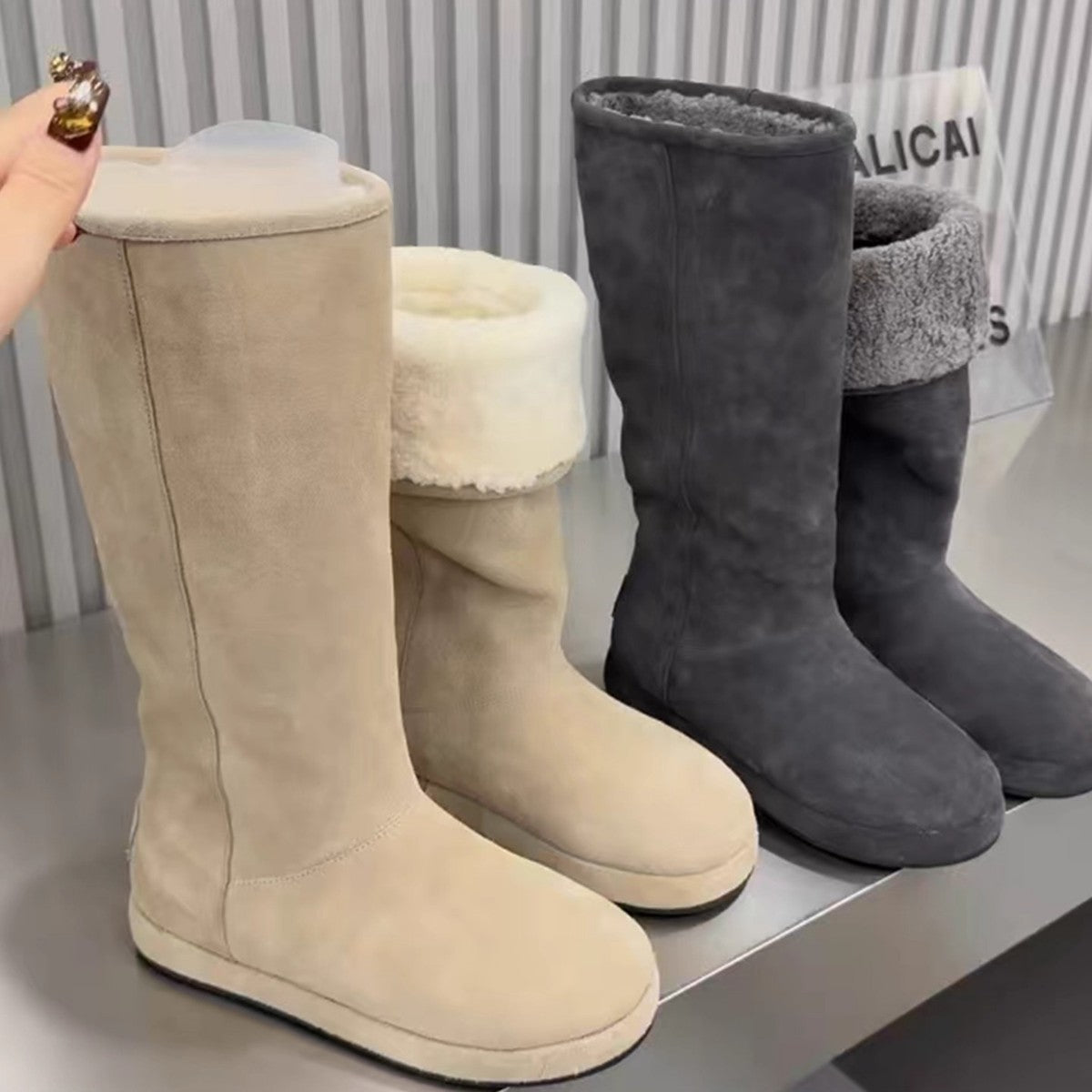 Lamb Fur Thick Bottom Flanging Long Female Gray Fleece Women's Snow Boots