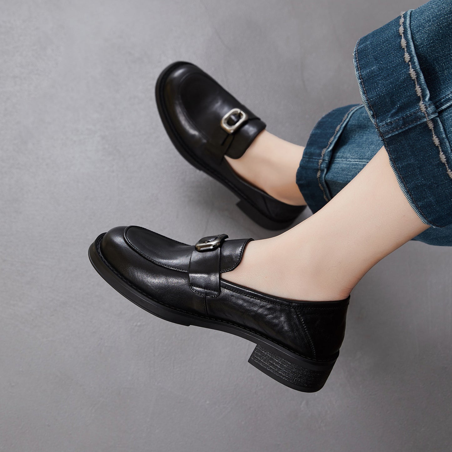 Women's Black Mid Spring Pumps Round Toe Belt Buckle Loafers