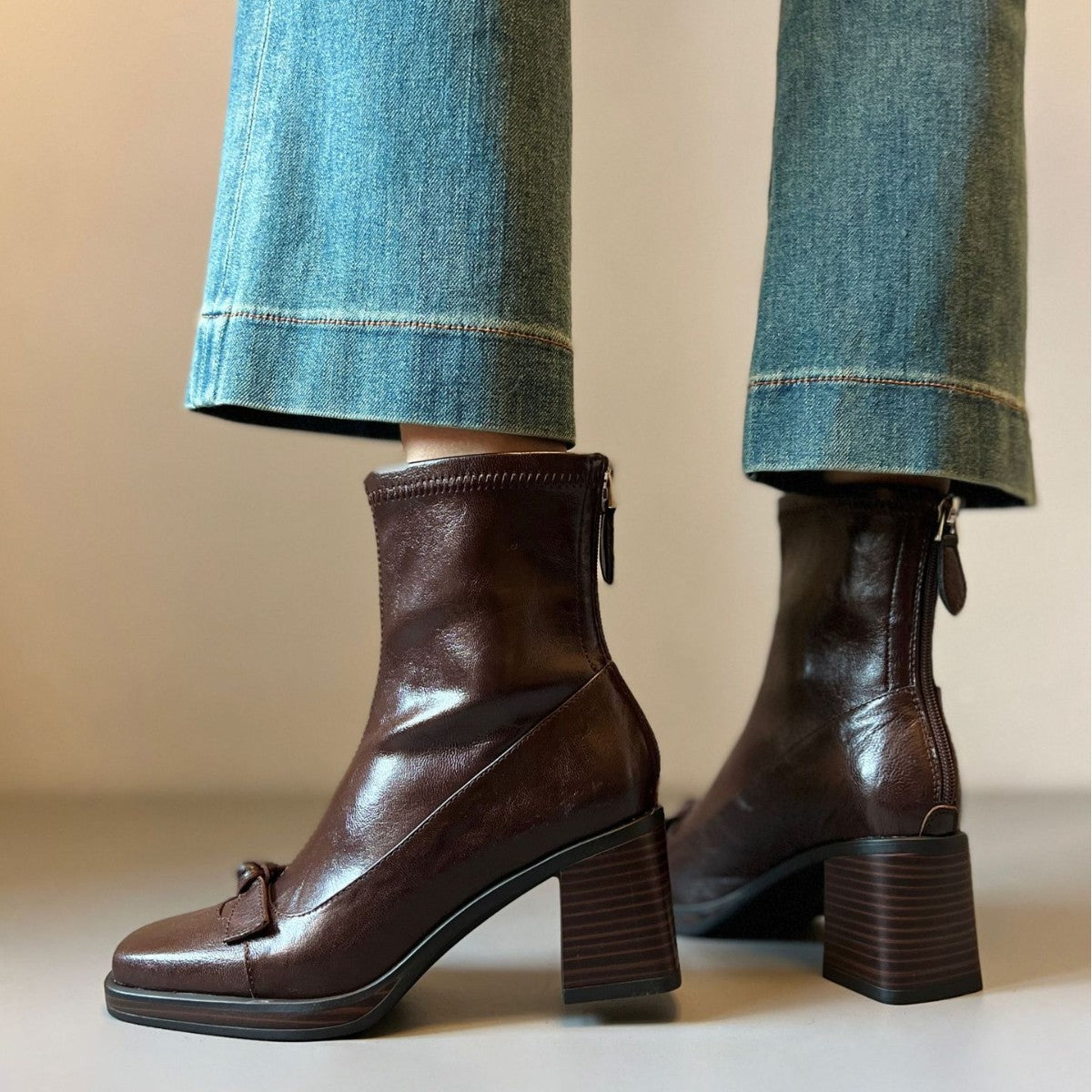 Square Toe Booties Bowknot Chunky Stretch Thin Versatile Mute Boots