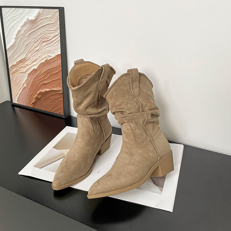 Women's V-shaped Mouth Thick Short Retro Length Pleated Pile Women's Leather Boots