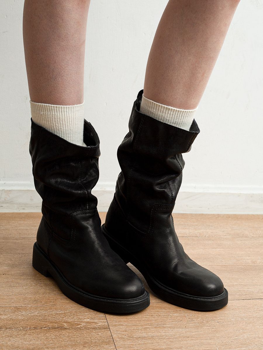 Round Toe Sleeve Smoke Pipe Autumn Versatile Soft Knight Women's Leather Boots