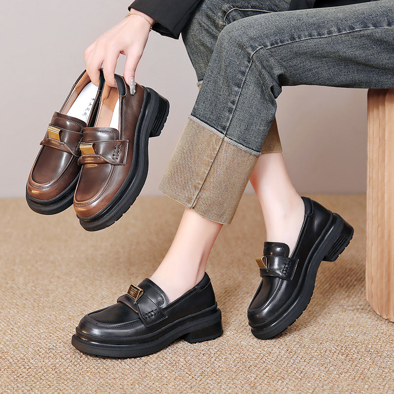 Women's French Style Temperament Pumps Round Head Chunky Brown Leather Shoes