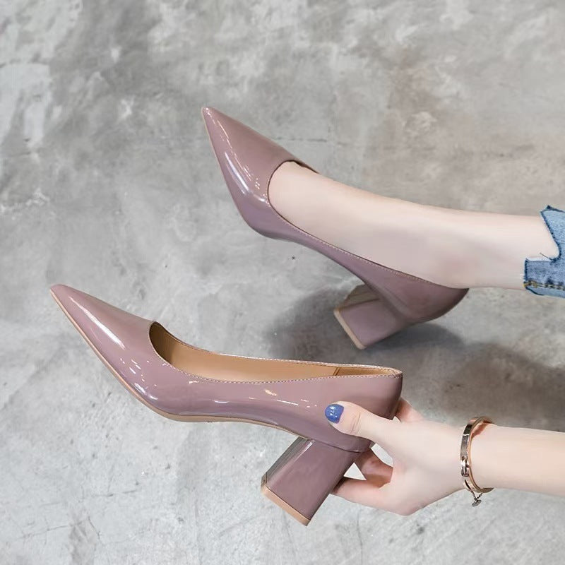 Women's Thick Nude Color Elegant Spring Patent Design Pointed Women's Fashion Shoes