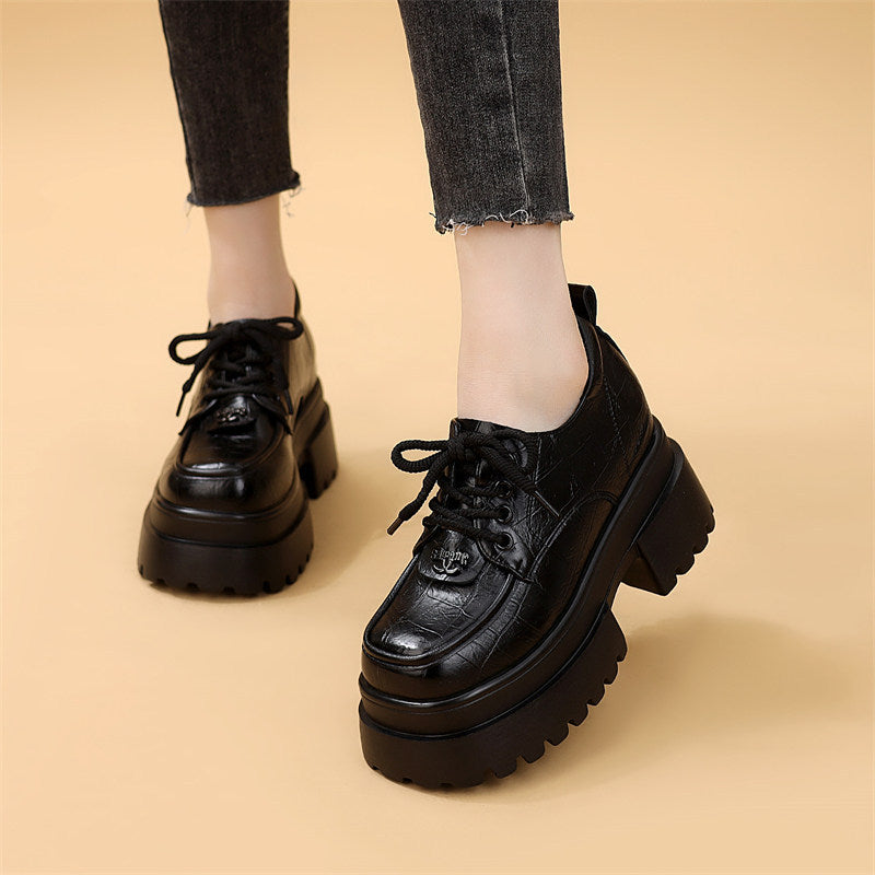 Women's Platform Black Tie Round Toe Mid Slimming Soft Bottom Women's Fashion Shoes