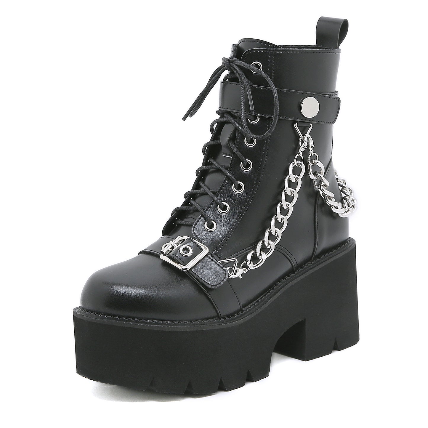 Women's Punk Motorcycle Metal Belt Buckle Front Chunky Booties Women's Leather Boots