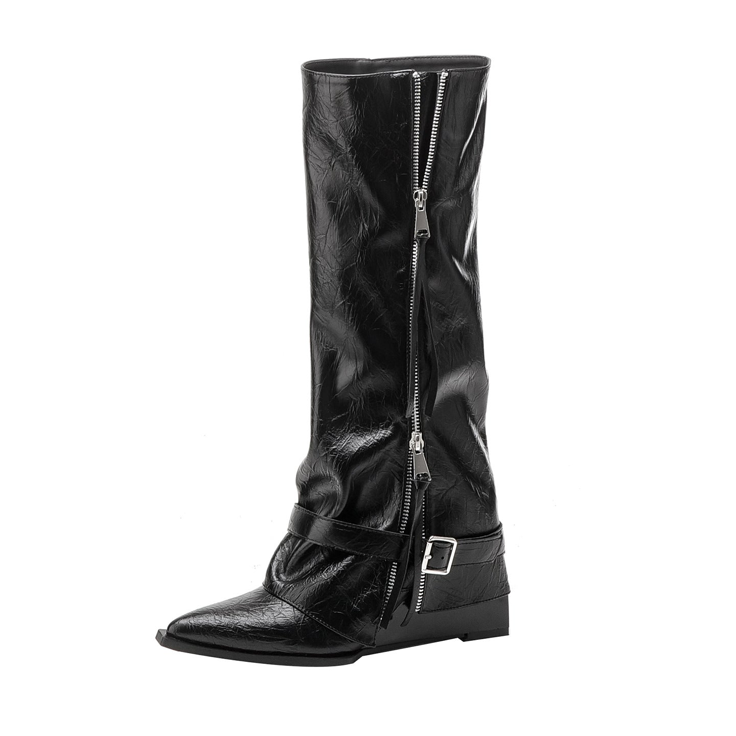Women's Black Pointed Zipper Pile Style British Below The Knee High Boots