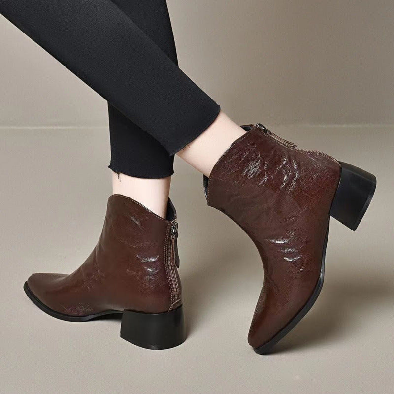 Women's Chunky Temperament Booties Soft Bottom Outdoor Pointed Women's Leather Boots