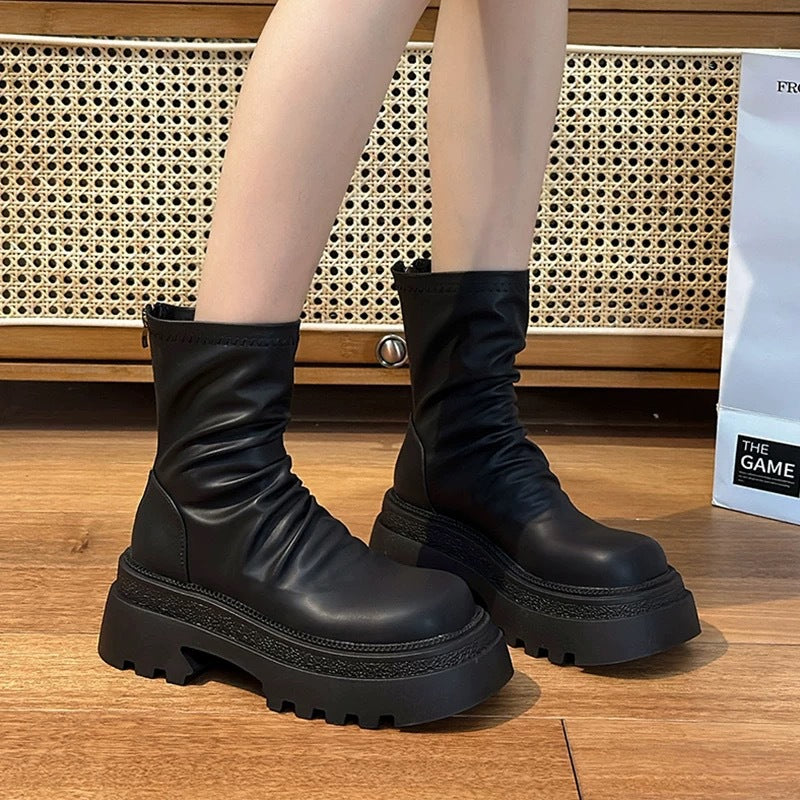 Women's Platform Martin Stretch Thin Versatile Slimming Pleated Pile Style Smoke Boots