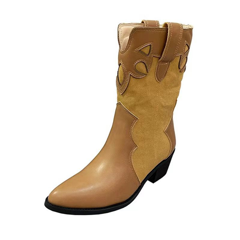 Women's Summer Thin Fashion Stitching Retro Slimming Thick Middle Women's Leather Boots