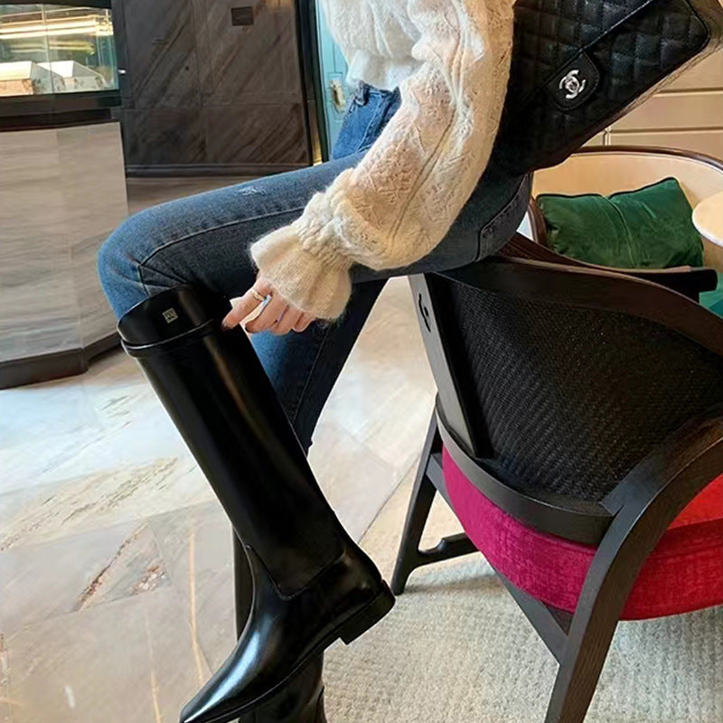 Women's Style Slimming Belt Buckle Below The Knee Chunky Platform Increased Boots