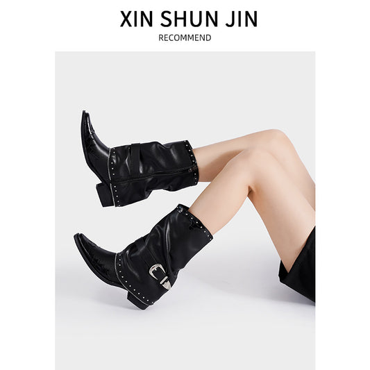 Pointed Toe Chunky Martin Rivet Chain Boots