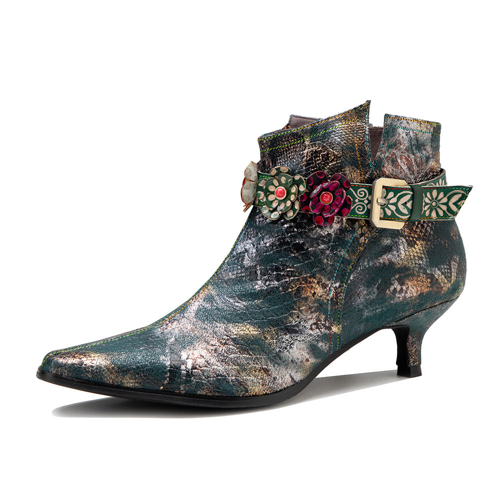 Women's Pattern Flower Beads Belt Buckle Low Boots